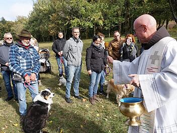 Pater Georg Andlinger  lud zur Tiersegnung ein  und vor allem Hundehalter waren dieser Einladung zahlreich gefolgt.  Foto: Marion Eckert