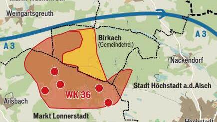 Die Vorrangfläche WK 36 (braun) soll um den gelben Teil erweitert werden.