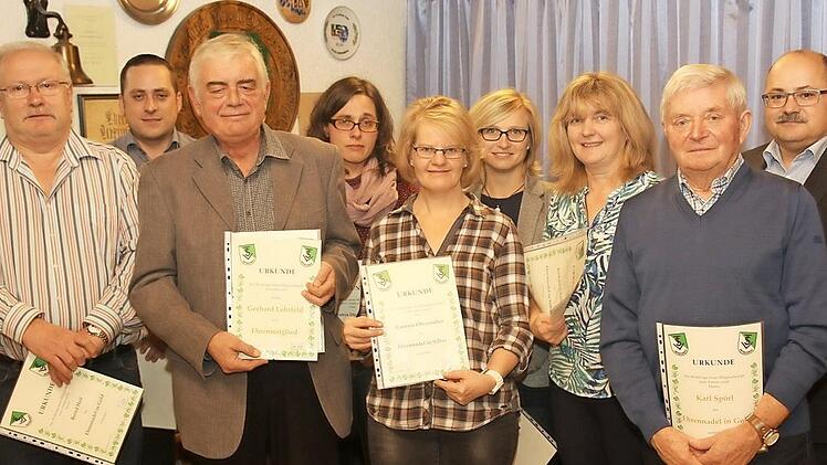 Gerhard Lehrfeld (Dritter von links) wurde zum Ehrenmitglied des TSV Untersiemau ernannt. Weiterhin wurden geehrt: Bernd Heil, Simon Pfeffer, Katrin Dümmler, Carmen Obermüller, Birgit Gläser, Barbara Schmidt, Karl Spörl, Vorsitzender Jürgen Rückert.  Foto: Michael Stelzner
