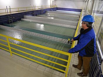 Abteilungsleiter Michael Vokal blickt im Trinkwasseraufbereitungswerk Rieblich auf drei der sechs Filterbecken, in denen dem Wasser Kalk zugesetzt wird. Foto: Ronald Rinklef
