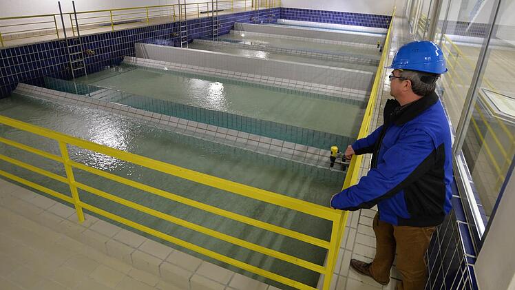 Abteilungsleiter Michael Vokal blickt im Trinkwasseraufbereitungswerk Rieblich auf drei der sechs Filterbecken, in denen dem Wasser Kalk zugesetzt wird. Foto: Ronald Rinklef