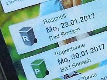 So sehen auf der App zum Beispiel die Abfuhrtermine für Bad Rodach aus.  Foto: Lothar Weidner