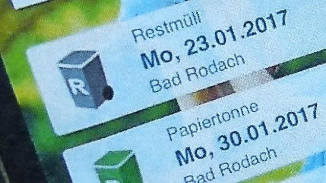 So sehen auf der App zum Beispiel die Abfuhrtermine für Bad Rodach aus.  Foto: Lothar Weidner