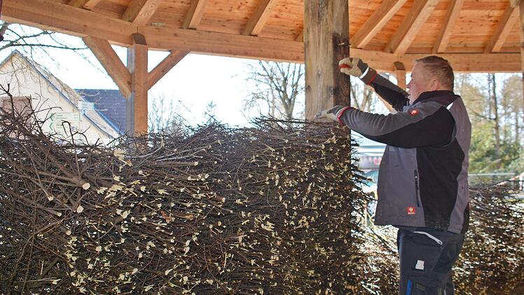 1200 Schwarzdorn-Bündel werden zur Zeit am Gradierpavillon im Kurpark von Bad Königshofen eingesetzt. Foto: Hanns Friedrich