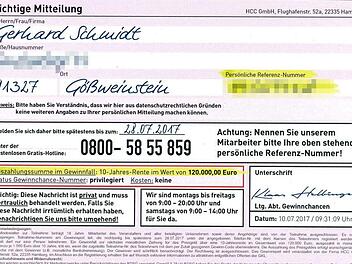 Eine Gratis-Hotline, die noch dazu kostenlos sei, und andere Wichtigtuereien sollen den Adressaten ködern.  Repros: FT