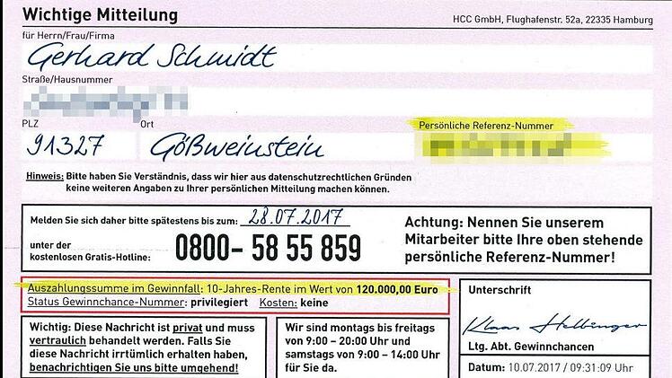 Eine Gratis-Hotline, die noch dazu kostenlos sei, und andere Wichtigtuereien sollen den Adressaten ködern.  Repros: FT