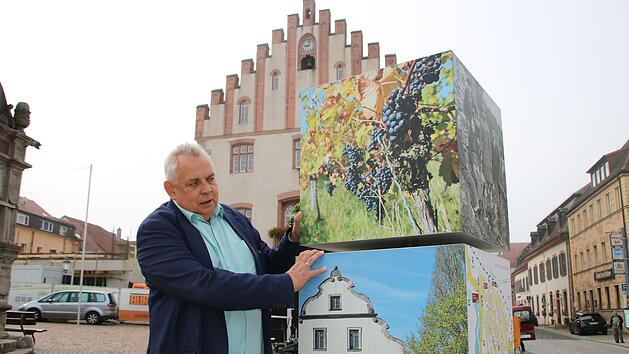 Geerd Müller von Frankens Saalestück an den Info-Würfeln vor dem Hammelburger Rathaus.