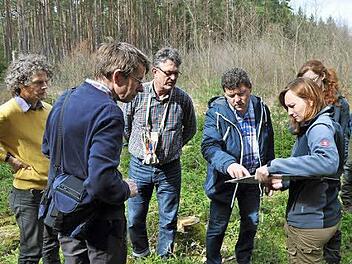 Bürgermeister Carsten Joneitis (Dritter von rechts) mit den Experten (von links) Bernhard Struck, Markus Blaschke, Joachim Heusinger und Rita Satzger. Hinter der Gruppe sieht man neu gepflanzte (noch unbelaubte) Schwarzerlen und dahinter den alten Fichtenbestand.