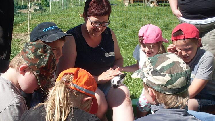 Streicheleinheiten für die Kaninchen und Stallhasen gab es reichlich und unter professioneller Anleitung von Erlebnisbäuerin Anja Wagenbrenner. Foto: Klaus Scheuring