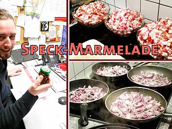 Andi Lösch und sein fertiges Bacon-Jam, in dem 4 Kilogramm Speck und 30 Zwiebeln stecken.