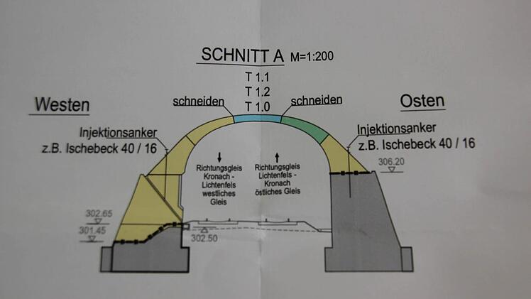 Plan zum Rückbau der Gewölbebrücke. Das blau markierte Teil wird als erstes entfernt.  Foto: Friedwald Schedel