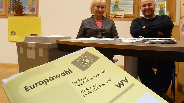 Die Wahlhelfer Lujza Schmögner und Jonas Geissler warten im Wahllokal in der Lucas-Cranach-Schule auf "Kundschaft". Foto: Corinna Igler