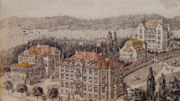 Zeichnung des Architekten Carl Krampf vom Dapper'schen Sanatorium: In Haus 4 (hinten) wohnte die Arztfamilie von Kapff; heute steht dort das Hotel Cup Vitalis.  Foto: Sigismund von Dobschütz