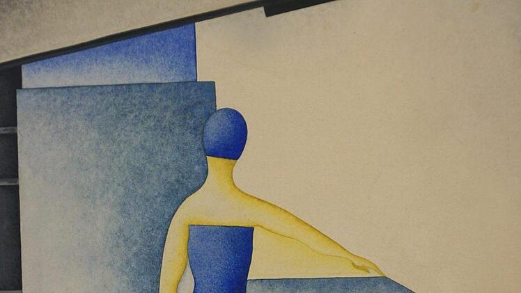 Frau im blauen Badeanzug:  Das um 1920 am Bauhaus entstandene Bild ist von Oskar Schlemmer inspiriert, der das Verhältnis von Person und Raum zu seinem großen Thema macht.  Foto: Wolfgang Schoberth