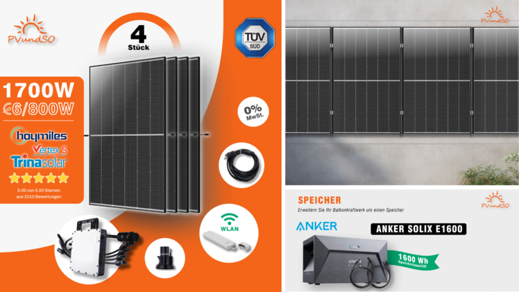 Mit dem XXL-Balkonkraftwerk nutzt du die neue Bagatellgrenze voll aus, optional bekommst du bei PVundSO zum Beispiel einen Speicher mit 1,6 kWh dazu.