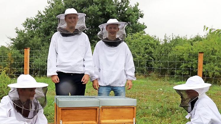 Finn, Jakob, Leon und Marco (von links) kümmern sich gerne um die Bienen - natürlich in Schutzkleidung. Foto: Johanna Blum