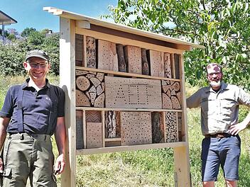 Forstamtmann Michael Sautter (rechts) und Forstwirtschaftsmeister Michael Schneider präsentieren ihr Musterhotel für Insekten am AELF Bad Kissingen.  Foto: Sigismund von Dobschütz