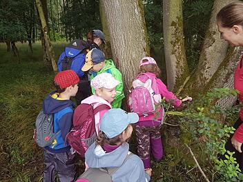 Gemeinsam mit Naturp&auml;dagogin Julia Stubenrauch legten die Kinder eine f&uuml;r sie sch&ouml;ne Sache aus der Natur in die "Geschenkschale" f&uuml;r den Wald ab, was als "Eintritts-Geschenk" f&uuml;r den Wald diente. Foto: privat