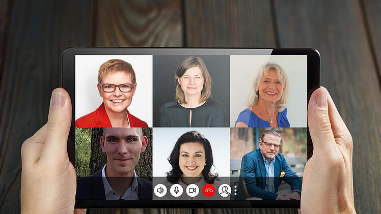 Sie machen die Direktkandidatur im Wahlkreis (v.l., im Uhrzeigersinn): Sabine Dittmar (SPD), Manuela Rottmann (Grüne), Freia Lippold-Eggen (AfD), Graf Karl von Stauffenberg (FDP), Dorothee Bär (CSU), Claus Scheeres (Linke).
