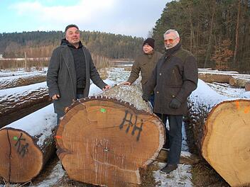 Wolfgang Schultheiß (links) ist stolz auf seinen Eichenstamm, der 2625 Euro brachte. Geschäftsführer Manfred Herter und Zweiter Vorsitzender Werner Tesch gratulierten. Foto: Rainer Lutz