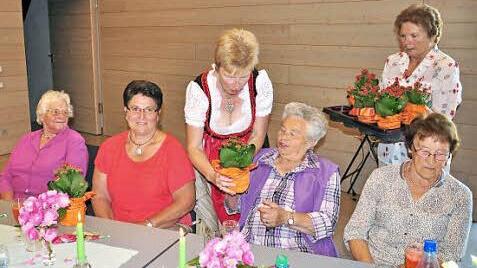 Bei der Feier zum 30-jährigen Bestehen des Katholischen Frauenbundes Wonfurt erhielten alle Mitglieder einen Blumenstock. Unser Bild zeigt (von links) Rosa Werner, Marga Firsching, Doris Dietrich, Rosalinde Vogt, Inge Schamberger und Therese Dietz.  Foto: Ulrike Langer