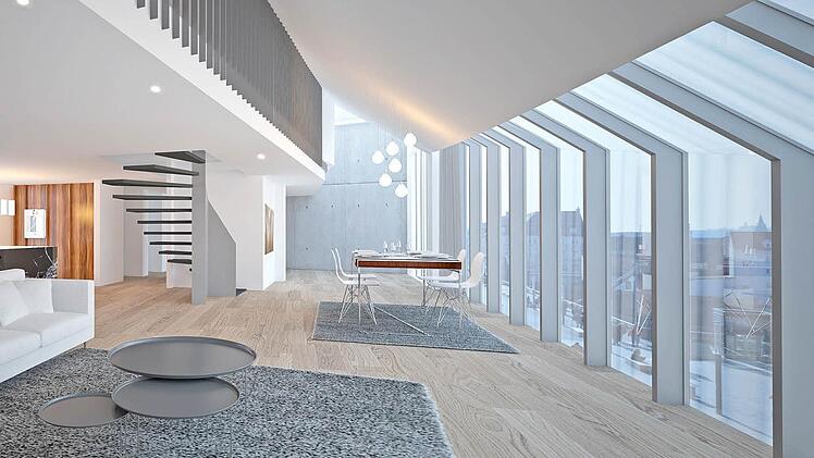 Wohnen unter einer schrägen Dachtraufe kann durchaus großzügig sein: Durch die großen Fensterflächen schweift der Blick Richtung Kettenbrücke.   Grafik: Architekturbüro Bornhofen
