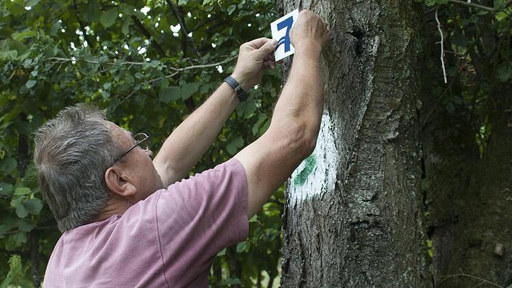 Ein Mitglied des Steigerwaldklubs beim Markieren des Sieben-Flüsse-Wanderwegs Foto: Flussparadies Franken e. V.
