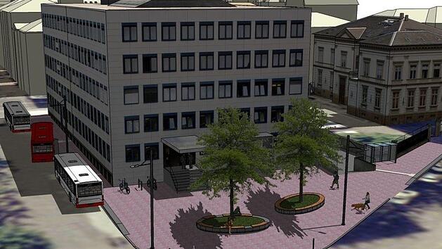 Der Platz vor dem Eingang zum neuen B&uuml;rgerrathaus in Bamberg soll mehr Raum f&uuml;r Fu&szlig;g&auml;nger bieten.Darstellung: Stadt Bamberg/Stadtplanungsamt
