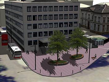 Der Platz vor dem Eingang zum neuen Bürgerrathaus in Bamberg soll mehr Raum für Fußgänger bieten.Darstellung: Stadt Bamberg/Stadtplanungsamt