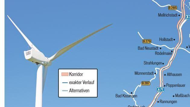Vorschlag exakter Suedlink-Verlauf in Unterfranken. Quelle: Transnet BW/Foto: GettyImages/ Grafik: Heike Grigull