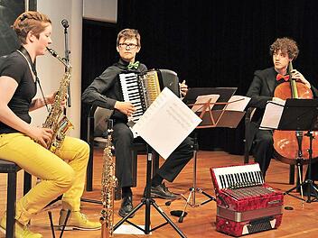 Das Trio "Züngelnder Saitenwind" und weitere Beteiligte erfreuten die Gäste mit einem "Konzert am Nachmittag für Senioren" in der Stadthalle in Haßfurt. Unser Bild zeigt (von links) Christina Bernard (Saxophon), Kevin Sauer (Akkordeon) und Anton Stötzer (Cello).  Foto: Ulrike Langer