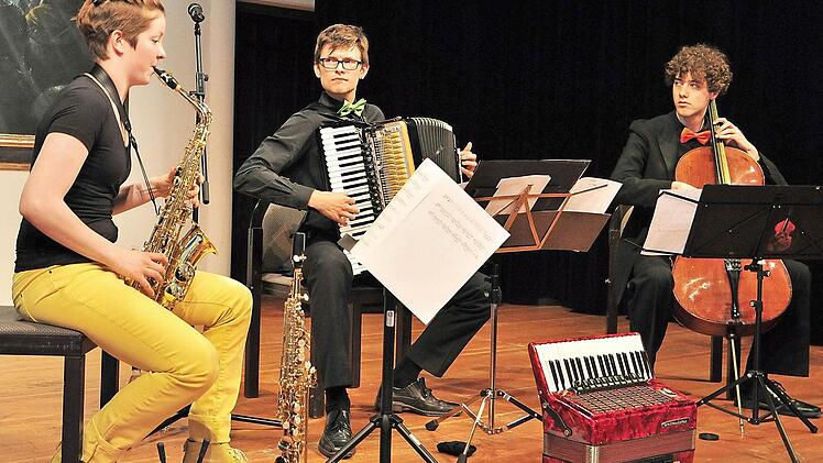 Das Trio "Züngelnder Saitenwind" und weitere Beteiligte erfreuten die Gäste mit einem "Konzert am Nachmittag für Senioren" in der Stadthalle in Haßfurt. Unser Bild zeigt (von links) Christina Bernard (Saxophon), Kevin Sauer (Akkordeon) und Anton Stötzer (Cello).  Foto: Ulrike Langer