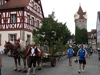 Mit dem Pferdefuhrwerk geht es durch die Herzogenauracher Altstadt in Richtung Festgelände. Fotos: Richard Sänger