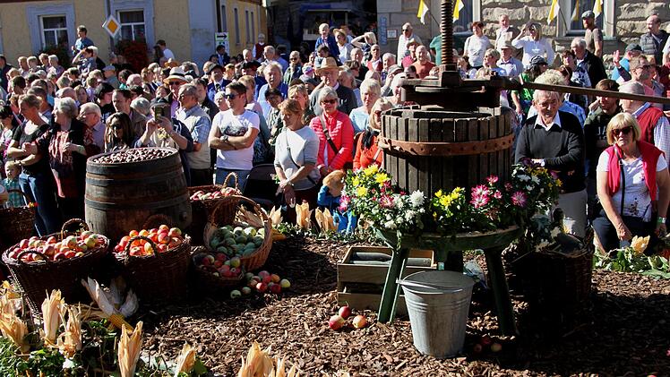 Die Wägen zeigten viele Produkte aus der Landwirtschaft, wie hier von der Obsternte mit der Kelter.