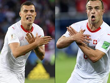 Der Schweizer Granit Xhaka zeigt im Spiel gegen Serbien beim provozierenden Torjubel die Geste des doppelköpfigen Adlers, der die albanische Nationalflagge ziert. Foto: Laurent Gillieron, dpa