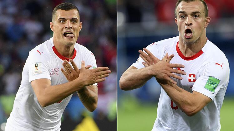 Der Schweizer Granit Xhaka zeigt im Spiel gegen Serbien beim provozierenden Torjubel die Geste des doppelköpfigen Adlers, der die albanische Nationalflagge ziert. Foto: Laurent Gillieron, dpa