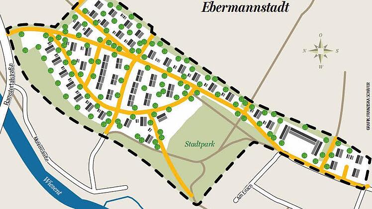 So sah die Entwurfsplanung des Baugebietes Ehrlich vor zwei Jahren aus (oben). Die neue Version wird am Montag dem Stadtrat zur Entscheidung vorgelegt. Wo jetzt noch unberührte Natur ist, sollen bald Häuser stehen (unten).  Foto: Josef Hofbauer