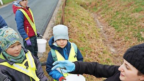 Unter Anleitung von stellvertretender BN-Kreisvorsitzenden Claudia Drenda (rechts) und Begleitung der Betreuerinnen des Obst- und Gartenbauvereins wurden die Fangeimer des Zauns gr&uuml;ndlich &uuml;berpr&uuml;ft.