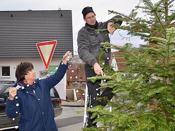 Silvia Metz und Frank Schlereth bringen eine neue Lichterkette an der jungen Tanne an.  Foto: Kathrin Kupka-Hahn