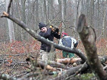 An zwei Tagen in der Woche sind die Teilnehmer des Integrationsprogramms der Kidro im Wald, spalten das Holz, arbeiten es auf, bauen Reisighaufen für die Tiere zum Unterschlupf. Im Herbst 2016 wird es dann erstmals das heuer geschlagene Brennholz zu kaufen geben.  Foto: Anja Greiner