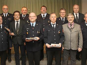 Mit dem staatlichen Ehrenzeichen in Gold wurden sieben Feuerwehrleute aus dem Itzgrund durch Landrat Michael Busch geehrt. Foto: Michael Stelzner