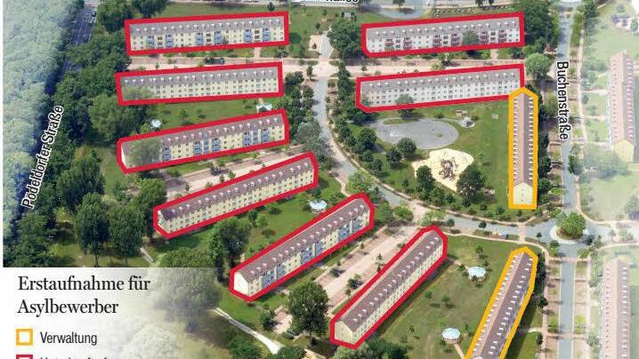 Die Luftaufnahme von der "Flynn Area" veranschaulicht, wo das Ankunfts- und Rückführungszentrum eingerichtet wird. Foto: Ronald Rinklef/Grafik Carolin Höfler