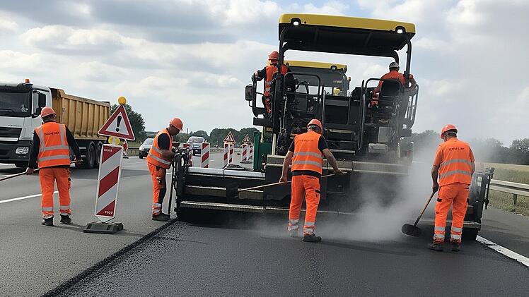 Bauarbeiten auf einer Bundesstraße im Zuge einer Sanierung. Die Straße erhält einen neuen Asphalt.