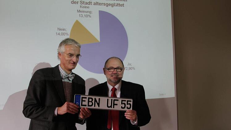 EBN - Unterfranken 55 - Prof. Ralf Borchert (links) und Bürgermeister Robert Herrmann mit einem der neuen Kennzeichen. Im Hintergrund dfas Ergebnis einer Bürgerbefragung durch die Hochschule.
