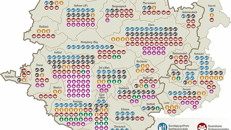 Blaue Punkt: Ganztägig und regelmäßig geöffnete Lokale;Schwarz: Nur mit AbendkarteOrange: Sporadisch geöffnet;Altrosa: Vereinsheime/DorfgemeinschaftshäuserGrüne: Heckenwirtschaften;Lila: Cafés, Eisdiele, Pizza-/Asia-Service etc.