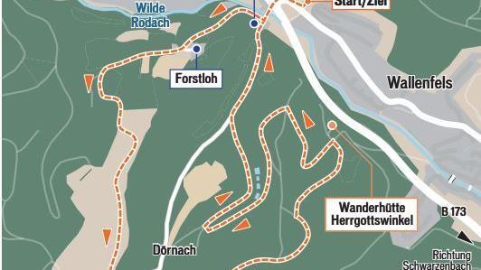 Von Wallenfels aus geht es auf einer Rundwanderung zur Wanderhütte Herrgottswinkel. Grafik: FT