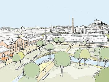 So  könnte das Campus-Areal nach den Vorstellungen des  Stadtplaners Martin Schirmer aus Würzburg aussehen.Visualisierung: Architekturbüro Schirmer