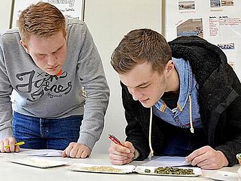 Nicklas Sebald (links) und Wolfgang Mergner müssen Futtermittel und Werkstoffe erkennen. Fotos: Rainer Lutz