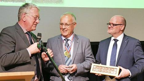 Ralf Rauch (l.) und Jürgen Auer (r.) überreichen die Goldene Ehrennadel der Bundesvereinigung Lebenshilfe an Stefan Müller. Foto: privat