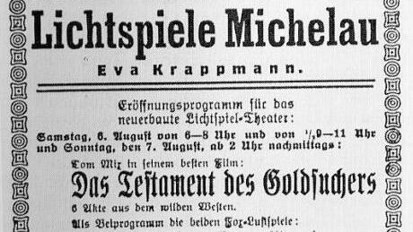 Inserat zur Eröffnung der "Lichtspiele Michelau" im August 1927 (abgebildet in dem Buch "800 Jahre Michelau in Oberfranken" von Herbert Perzel)